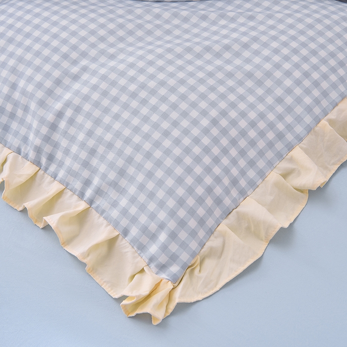 91家纺网 家纺一手货源 找家纺 优家居工厂店 2026新款A类超柔舒适水洗棉韩式花边四件套小清新格子纯色学生三件套 奶油-蓝