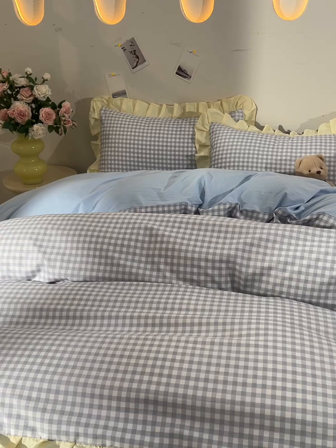 91家纺网 家纺一手货源 找家纺 优家居工厂店 2026新款A类超柔舒适水洗棉韩式花边四件套小清新格子纯色学生三件套 奶油-蓝