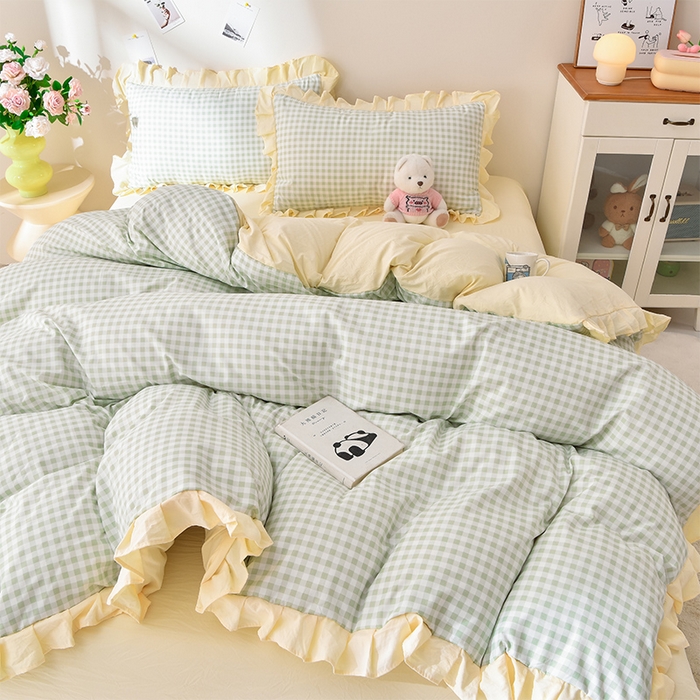 优家居工厂店 2026新款A类超柔舒适水洗棉韩式花边四件套小清新格子纯色学生三件套 奶油-绿