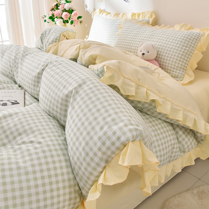 91家纺网 家纺一手货源 找家纺 优家居工厂店 2026新款A类超柔舒适水洗棉韩式花边四件套小清新格子纯色学生三件套 奶油-绿