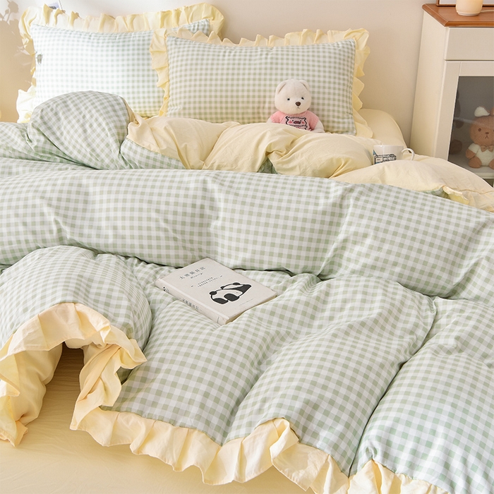 91家纺网 家纺一手货源 找家纺 优家居工厂店 2026新款A类超柔舒适水洗棉韩式花边四件套小清新格子纯色学生三件套 奶油-绿