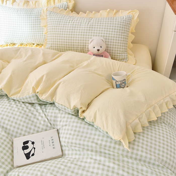 91家纺网 家纺一手货源 找家纺 优家居工厂店 2026新款A类超柔舒适水洗棉韩式花边四件套小清新格子纯色学生三件套 奶油-绿