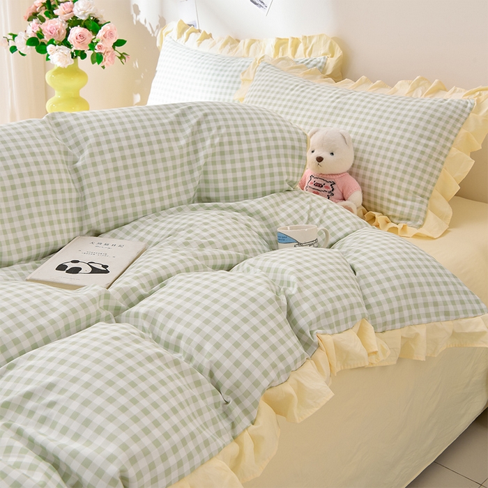 91家纺网 家纺一手货源 找家纺 优家居工厂店 2026新款A类超柔舒适水洗棉韩式花边四件套小清新格子纯色学生三件套 奶油-绿
