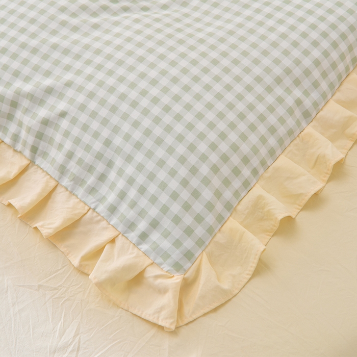 91家纺网 家纺一手货源 找家纺 优家居工厂店 2026新款A类超柔舒适水洗棉韩式花边四件套小清新格子纯色学生三件套 奶油-绿