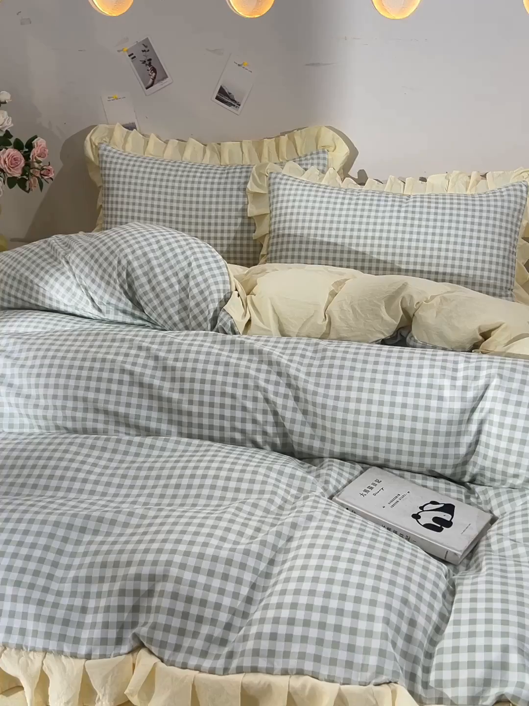 91家纺网 家纺一手货源 找家纺 优家居工厂店 2026新款A类超柔舒适水洗棉韩式花边四件套小清新格子纯色学生三件套 奶油-绿
