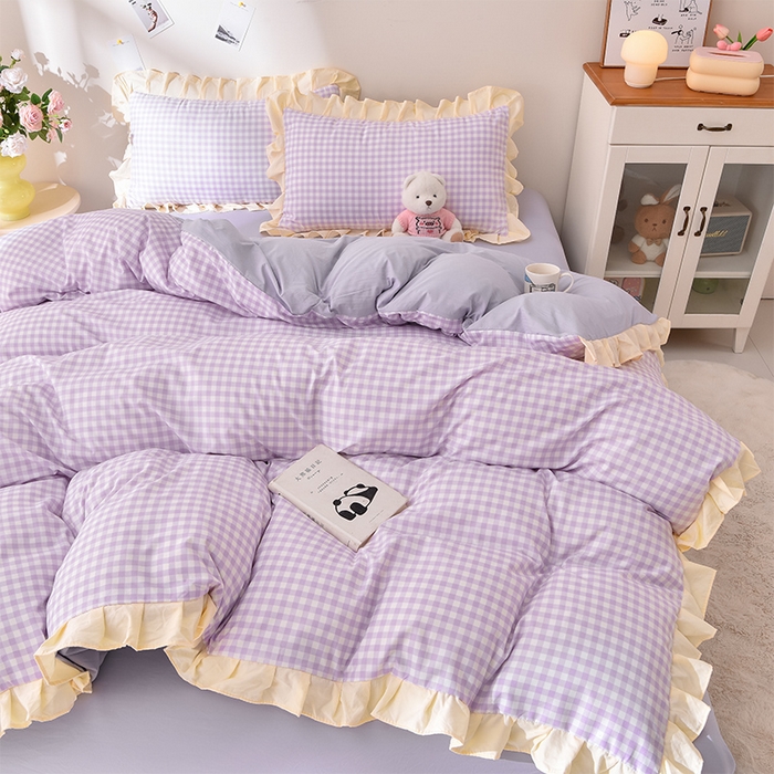 优家居工厂店 2026新款A类超柔舒适水洗棉韩式花边四件套小清新格子纯色学生三件套 奶油-紫