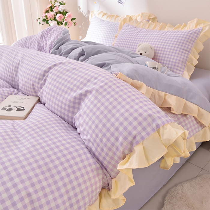 91家纺网 家纺一手货源 找家纺 优家居工厂店 2026新款A类超柔舒适水洗棉韩式花边四件套小清新格子纯色学生三件套 奶油-紫