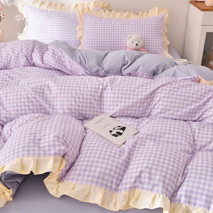 91家纺网 家纺一手货源 找家纺 优家居工厂店 2026新款A类超柔舒适水洗棉韩式花边四件套小清新格子纯色学生三件套 奶油-紫