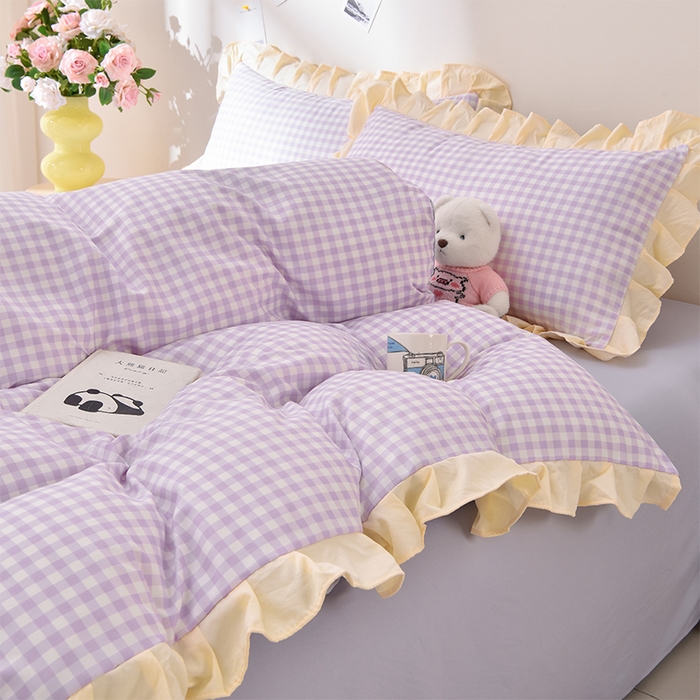 91家纺网 家纺一手货源 找家纺 优家居工厂店 2026新款A类超柔舒适水洗棉韩式花边四件套小清新格子纯色学生三件套 奶油-紫