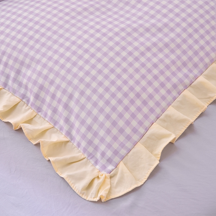 91家纺网 家纺一手货源 找家纺 优家居工厂店 2026新款A类超柔舒适水洗棉韩式花边四件套小清新格子纯色学生三件套 奶油-紫