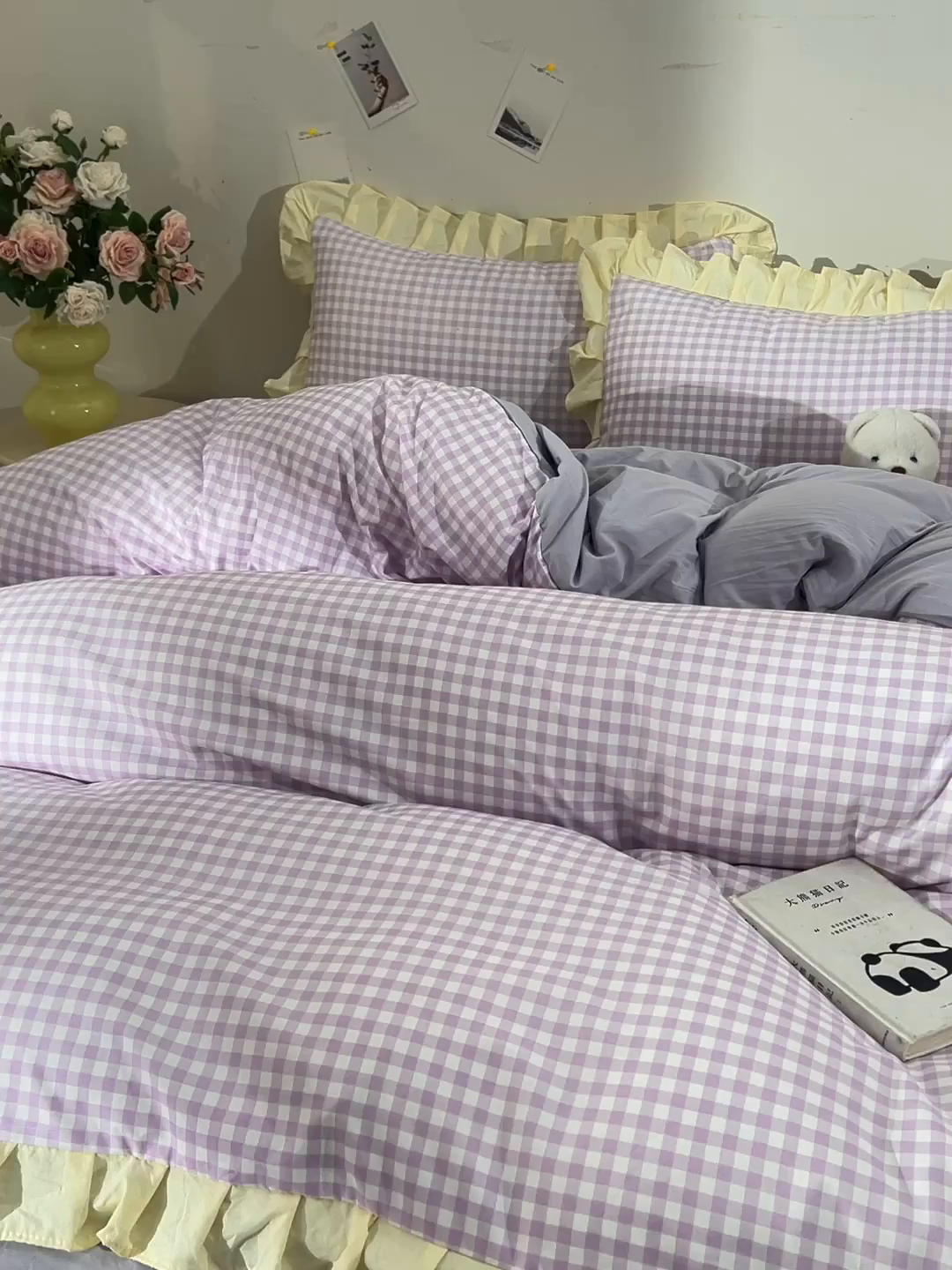 91家纺网 家纺一手货源 找家纺 优家居工厂店 2026新款A类超柔舒适水洗棉韩式花边四件套小清新格子纯色学生三件套 奶油-紫