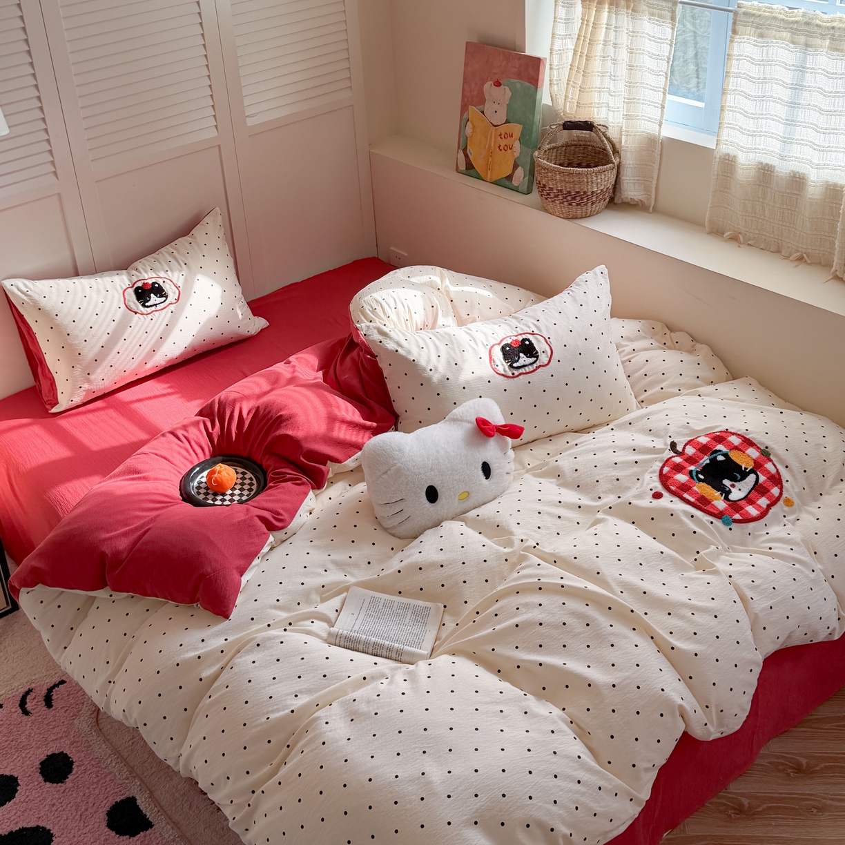 91家纺网 家纺一手货源 找家纺 美乐迪家纺 2026新款云感双层纱毛巾绣四件套（会员-2） 苹果猫