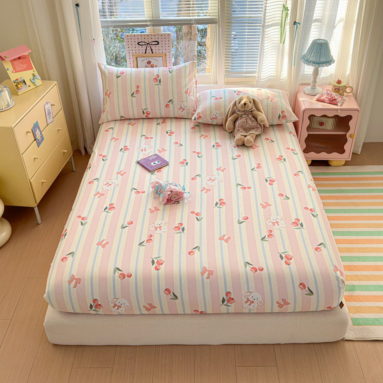 91家纺网 家纺一手货源 找家纺 女子家纺 2026新款全棉老粗布床笠 冰淇淋