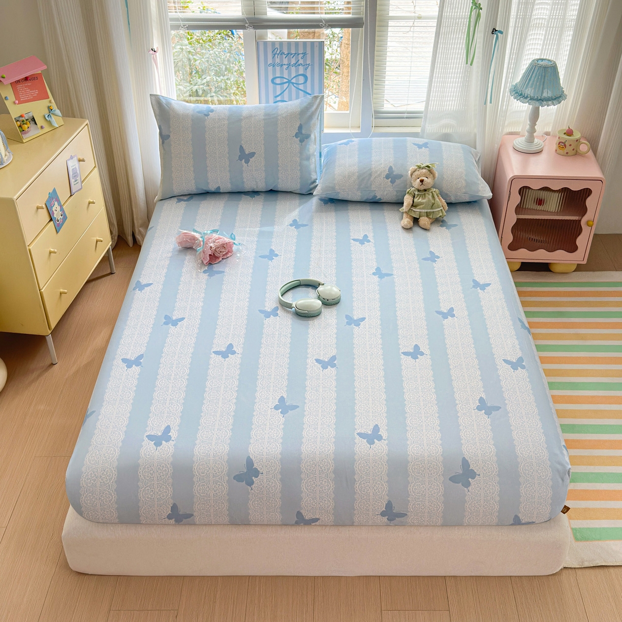 91家纺网 家纺一手货源 找家纺 女子家纺 2026新款全棉老粗布床笠 蝶恋花