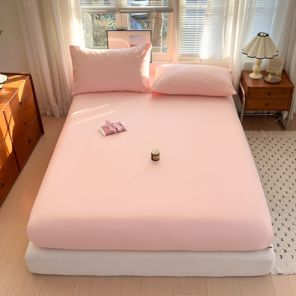 91家纺网 家纺一手货源 找家纺 女子家纺 2026新款全棉老粗布床笠 樱桃粉