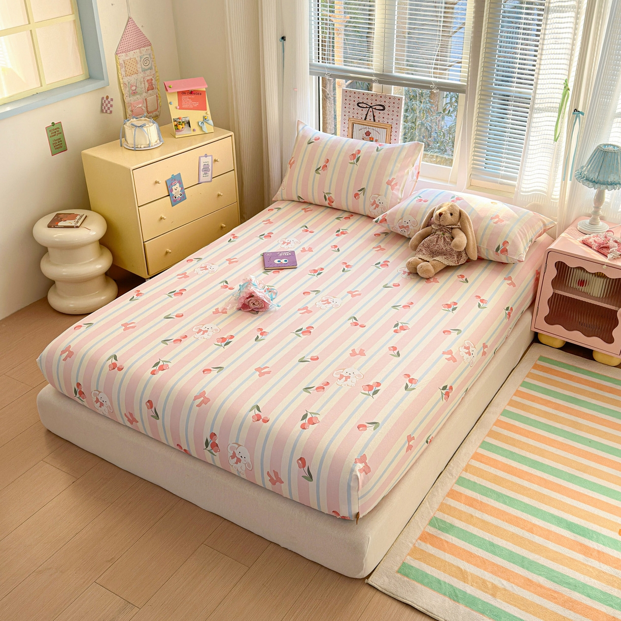 91家纺网 家纺一手货源 找家纺 女子家纺 2026新款全棉老粗布床笠 冰淇淋