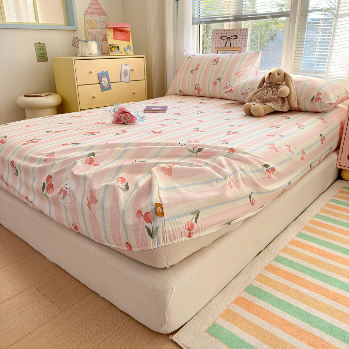 91家纺网 家纺一手货源 找家纺 女子家纺 2026新款全棉老粗布床笠 冰淇淋