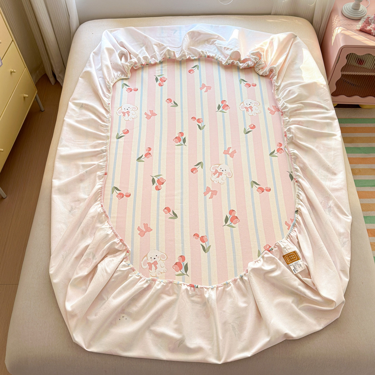 91家纺网 家纺一手货源 找家纺 女子家纺 2026新款全棉老粗布床笠 冰淇淋