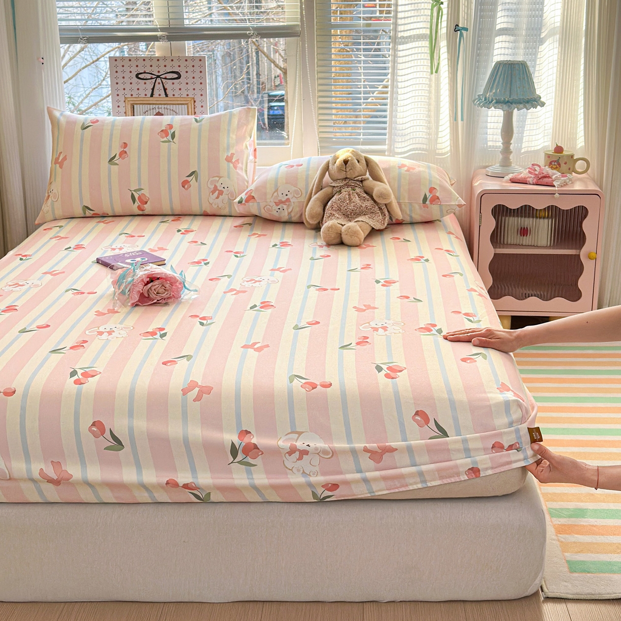 91家纺网 家纺一手货源 找家纺 女子家纺 2026新款全棉老粗布床笠 冰淇淋