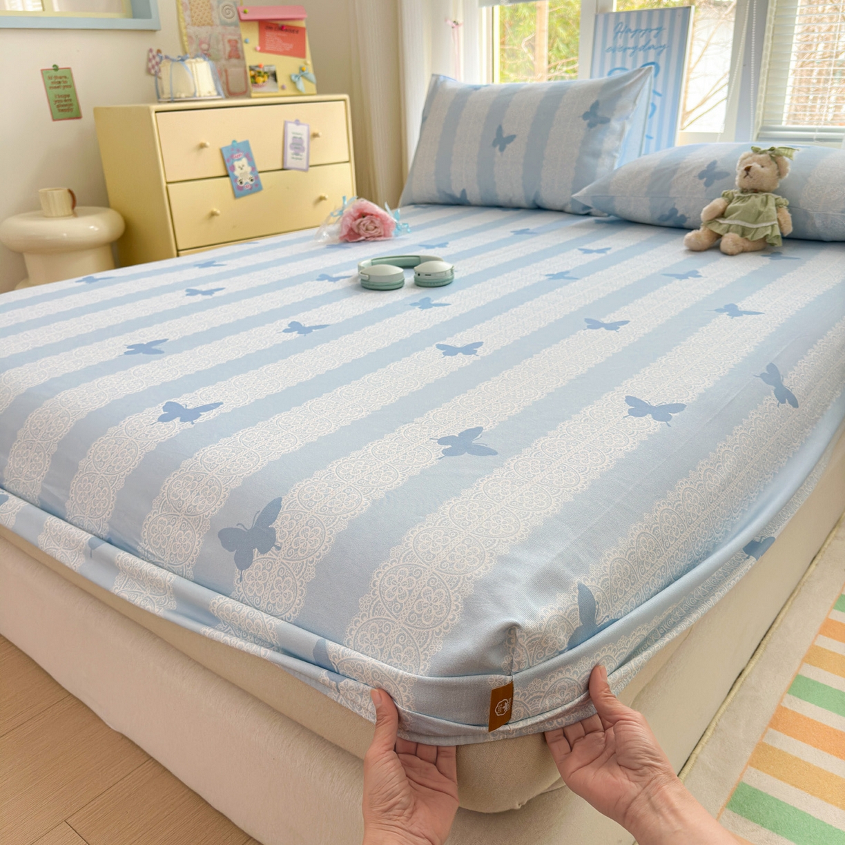 91家纺网 家纺一手货源 找家纺 女子家纺 2026新款全棉老粗布床笠 蝶恋花