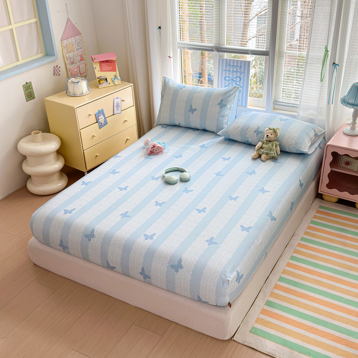 91家纺网 家纺一手货源 找家纺 女子家纺 2026新款全棉老粗布床笠 蝶恋花