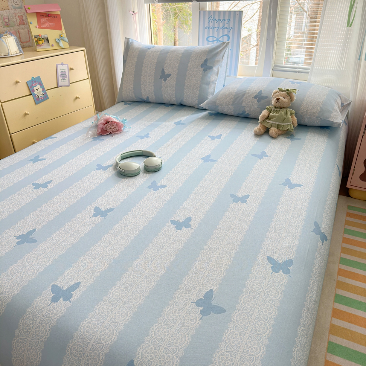 91家纺网 家纺一手货源 找家纺 女子家纺 2026新款全棉老粗布床笠 蝶恋花