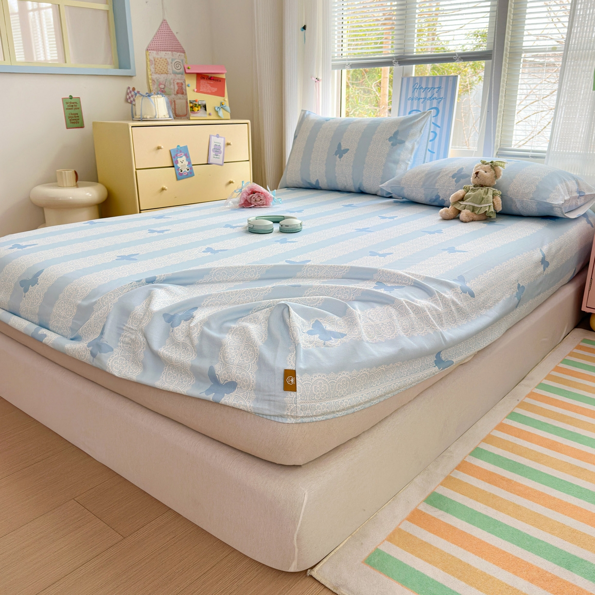 91家纺网 家纺一手货源 找家纺 女子家纺 2026新款全棉老粗布床笠 蝶恋花