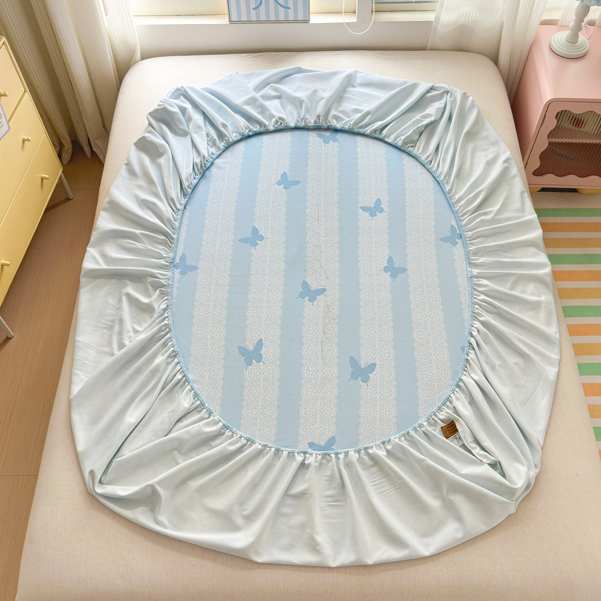 91家纺网 家纺一手货源 找家纺 女子家纺 2026新款全棉老粗布床笠 蝶恋花