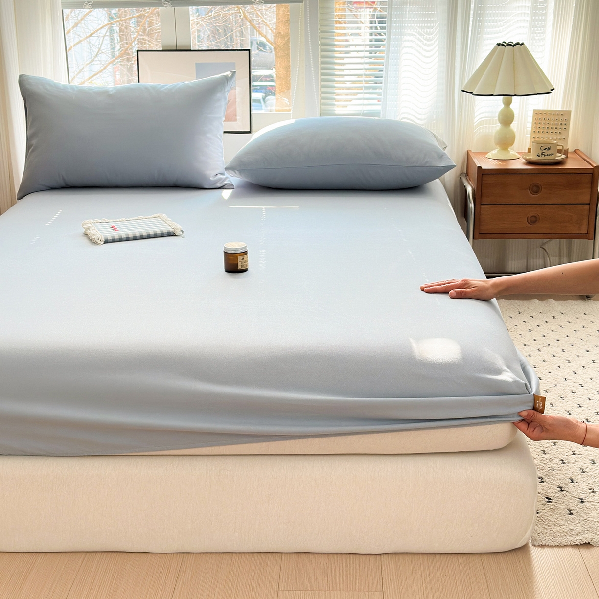 91家纺网 家纺一手货源 找家纺 女子家纺 2026新款全棉老粗布床笠 海蓝