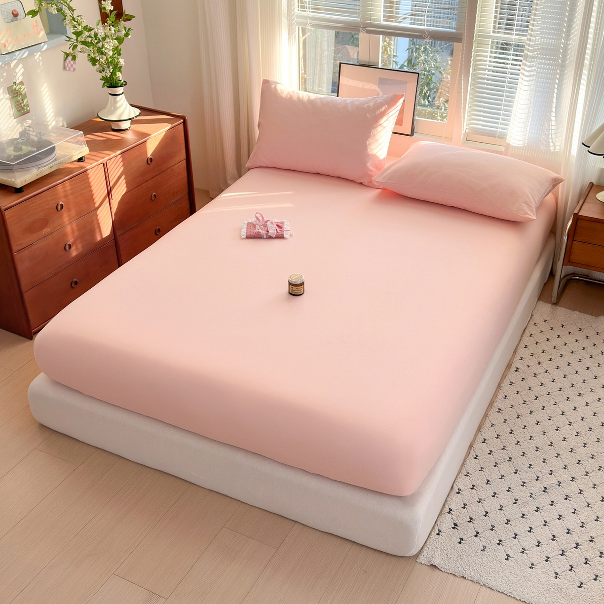 91家纺网 家纺一手货源 找家纺 女子家纺 2026新款全棉老粗布床笠 樱桃粉