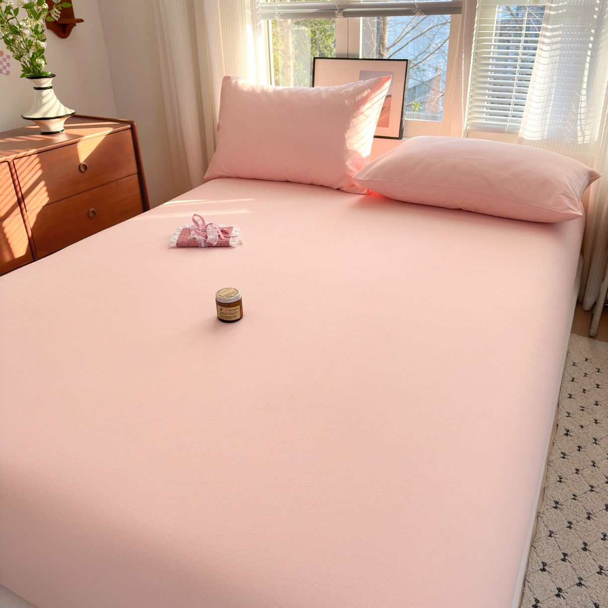 91家纺网 家纺一手货源 找家纺 女子家纺 2026新款全棉老粗布床笠 樱桃粉