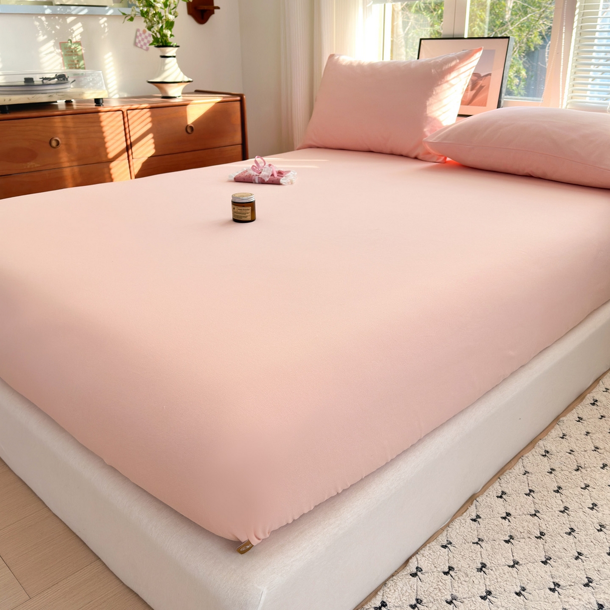 91家纺网 家纺一手货源 找家纺 女子家纺 2026新款全棉老粗布床笠 樱桃粉