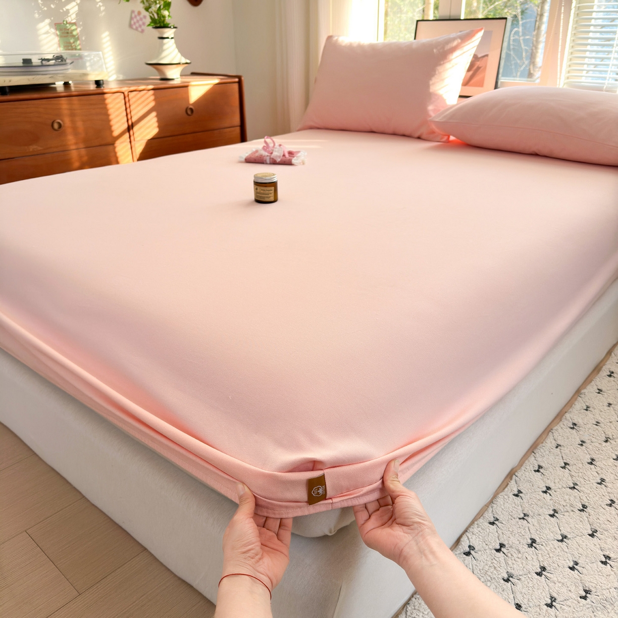 91家纺网 家纺一手货源 找家纺 女子家纺 2026新款全棉老粗布床笠 樱桃粉