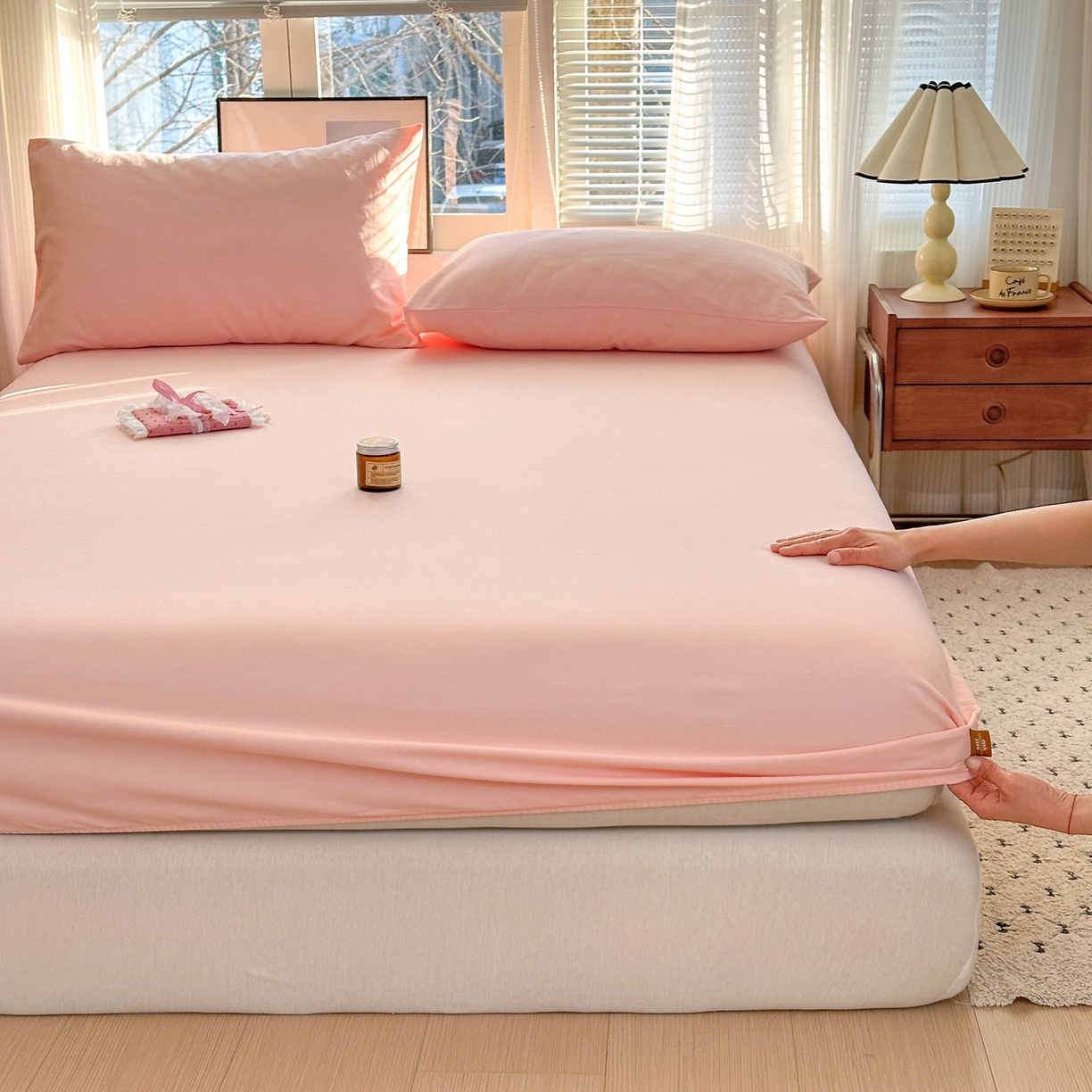 91家纺网 家纺一手货源 找家纺 女子家纺 2026新款全棉老粗布床笠 樱桃粉