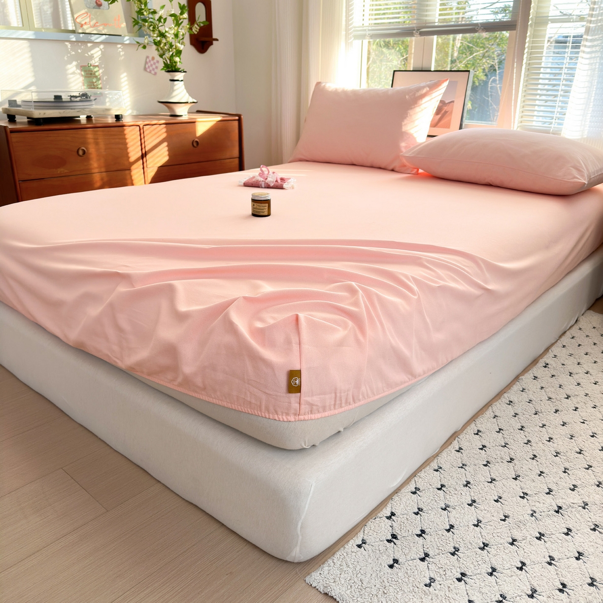 91家纺网 家纺一手货源 找家纺 女子家纺 2026新款全棉老粗布床笠 樱桃粉