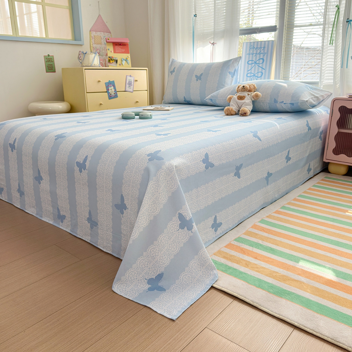 91家纺网 家纺一手货源 找家纺 女子家纺 2026新款全棉老粗布床单 蝶恋花