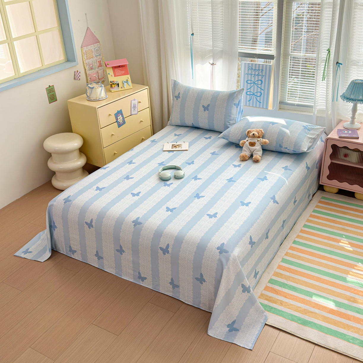 91家纺网 家纺一手货源 找家纺 女子家纺 2026新款全棉老粗布床单 蝶恋花