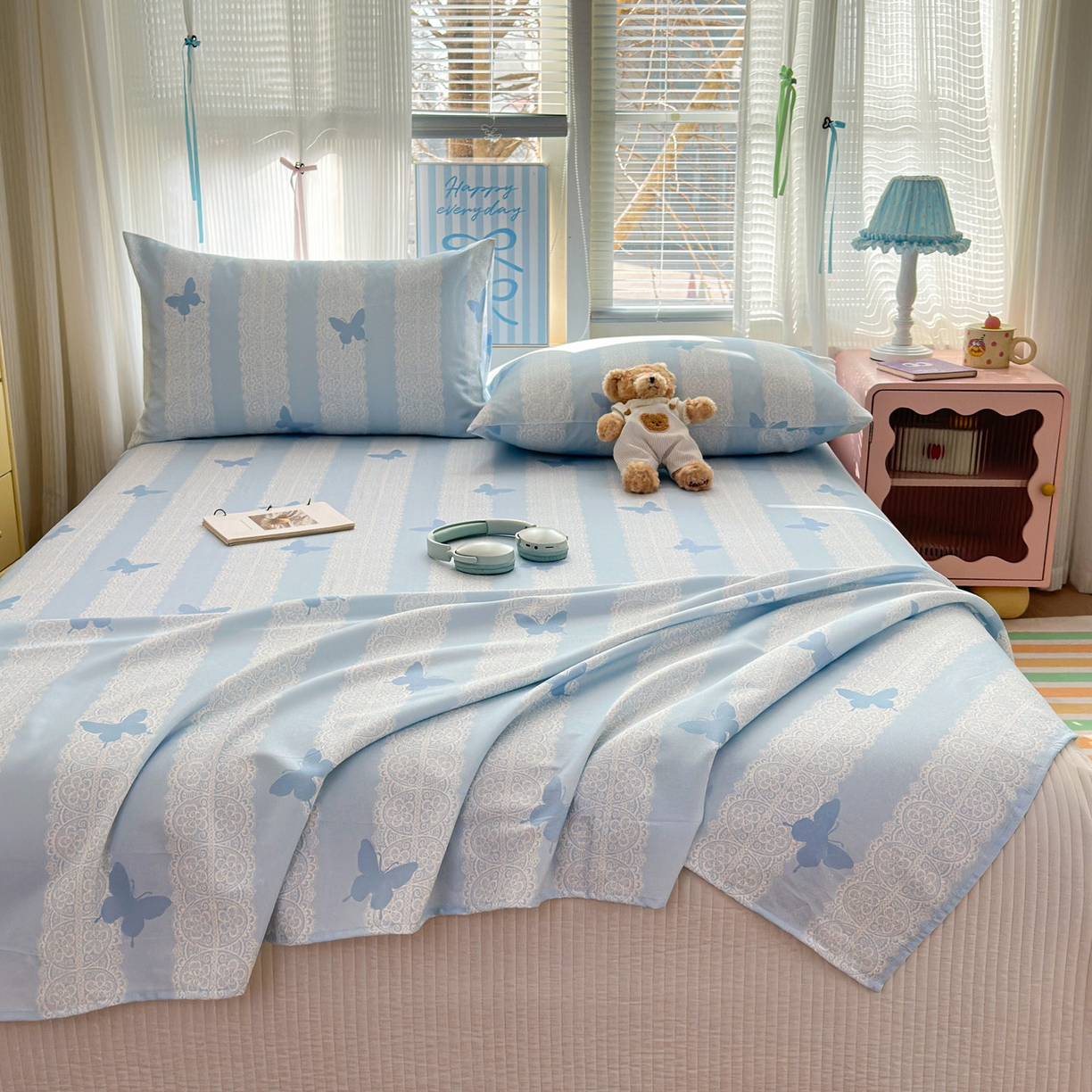 91家纺网 家纺一手货源 找家纺 女子家纺 2026新款全棉老粗布床单 蝶恋花