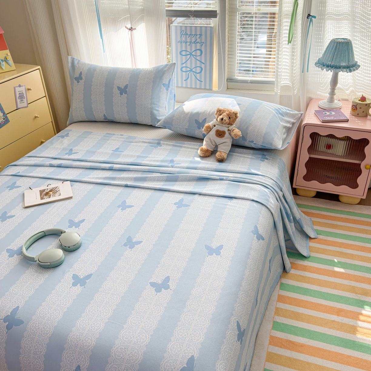 91家纺网 家纺一手货源 找家纺 女子家纺 2026新款全棉老粗布床单 蝶恋花