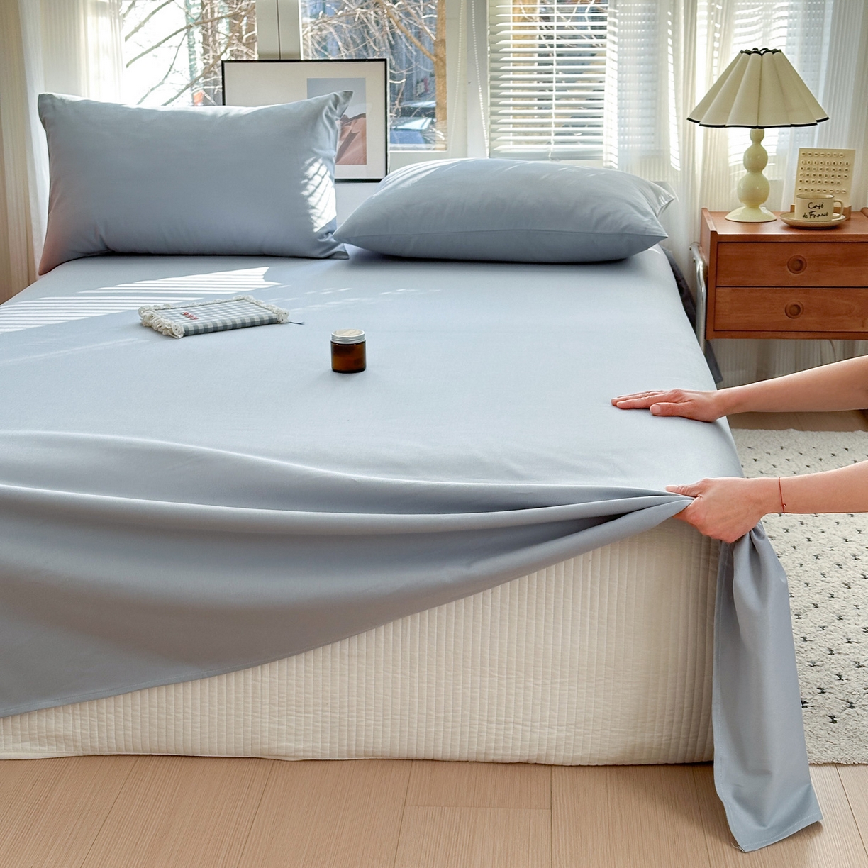 91家纺网 家纺一手货源 找家纺 女子家纺 2026新款全棉老粗布床单 海蓝