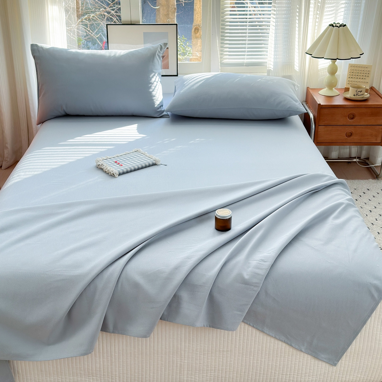 91家纺网 家纺一手货源 找家纺 女子家纺 2026新款全棉老粗布床单 海蓝