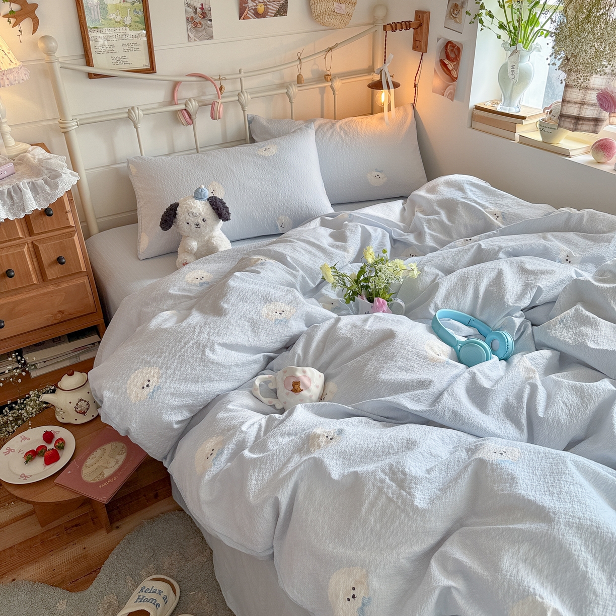 91家纺网 家纺一手货源 找家纺 初念 2026新款A类高品质110克超柔泡芙纱四件套 蓝领结狗