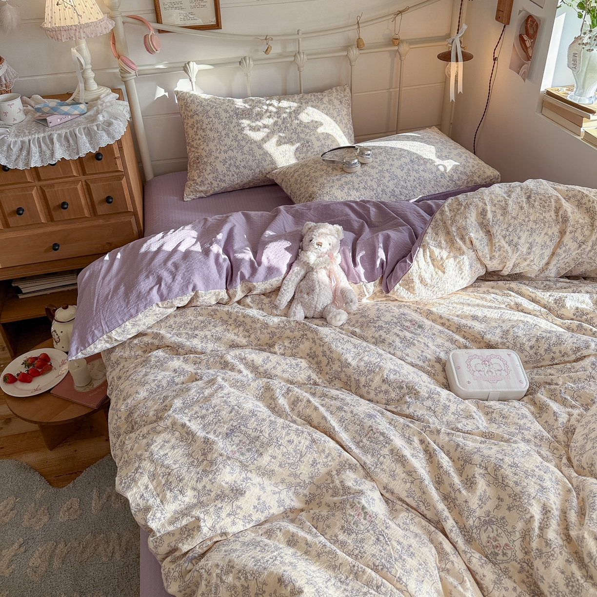 91家纺网 家纺一手货源 找家纺 初念 2026新款A类高品质110克超柔泡芙纱四件套 蕾丝花匣