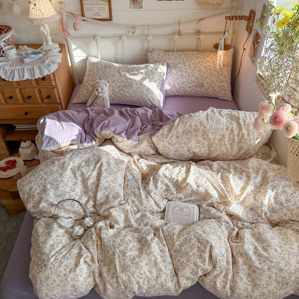 91家纺网 家纺一手货源 找家纺 初念 2026新款A类高品质110克超柔泡芙纱四件套 蕾丝花匣