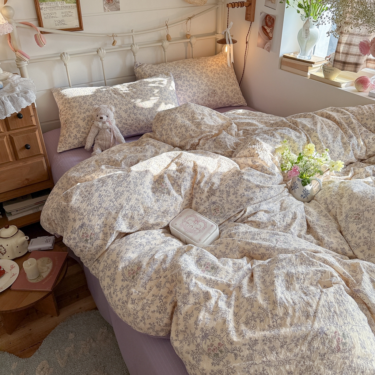 91家纺网 家纺一手货源 找家纺 初念 2026新款A类高品质110克超柔泡芙纱四件套 蕾丝花匣