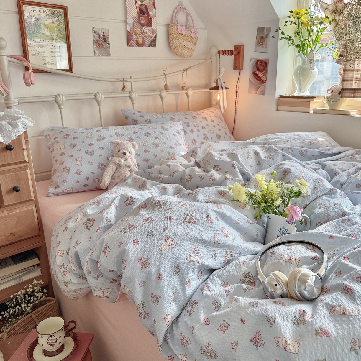 91家纺网 家纺一手货源 找家纺 初念 2026新款A类高品质110克超柔泡芙纱四件套 萌兔岛屿