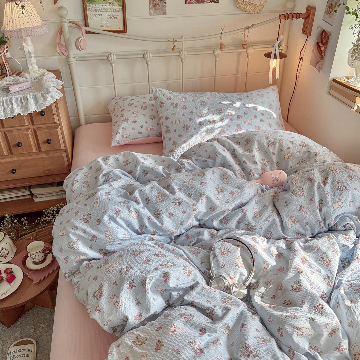 91家纺网 家纺一手货源 找家纺 初念 2026新款A类高品质110克超柔泡芙纱四件套 萌兔岛屿