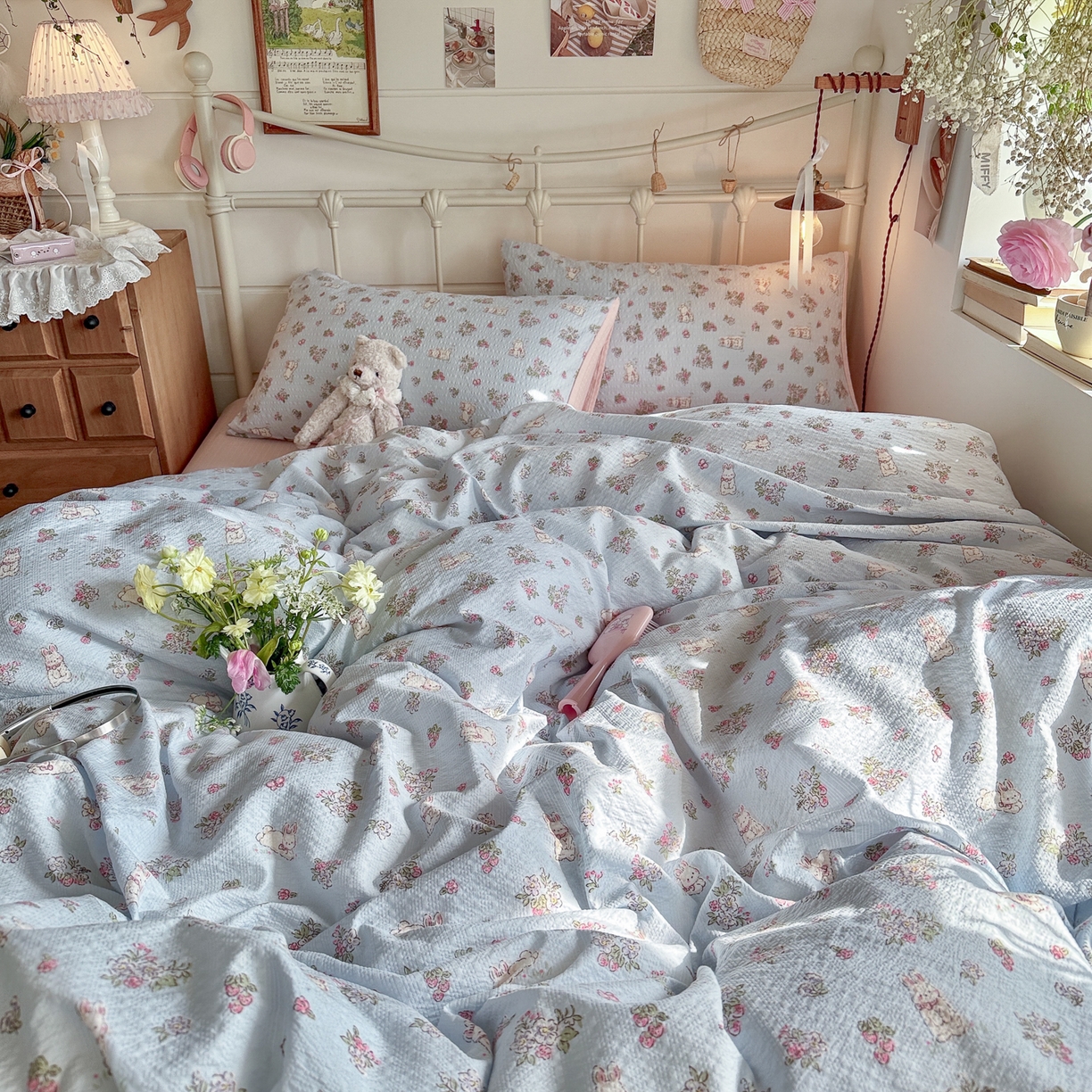 91家纺网 家纺一手货源 找家纺 初念 2026新款A类高品质110克超柔泡芙纱四件套 萌兔岛屿