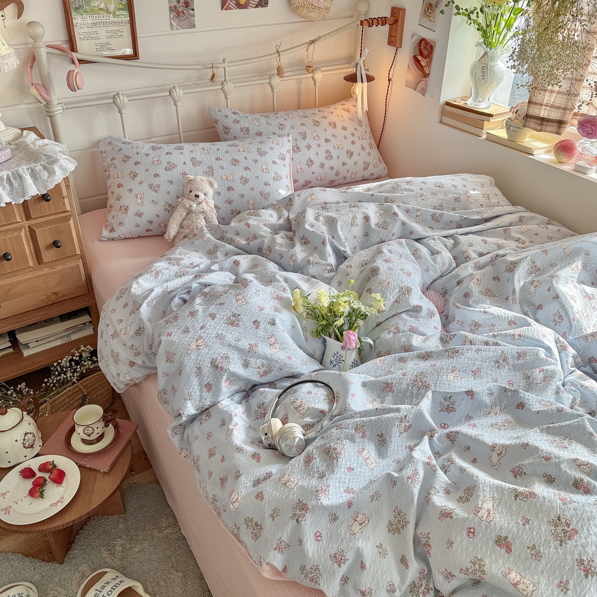 91家纺网 家纺一手货源 找家纺 初念 2026新款A类高品质110克超柔泡芙纱四件套 萌兔岛屿