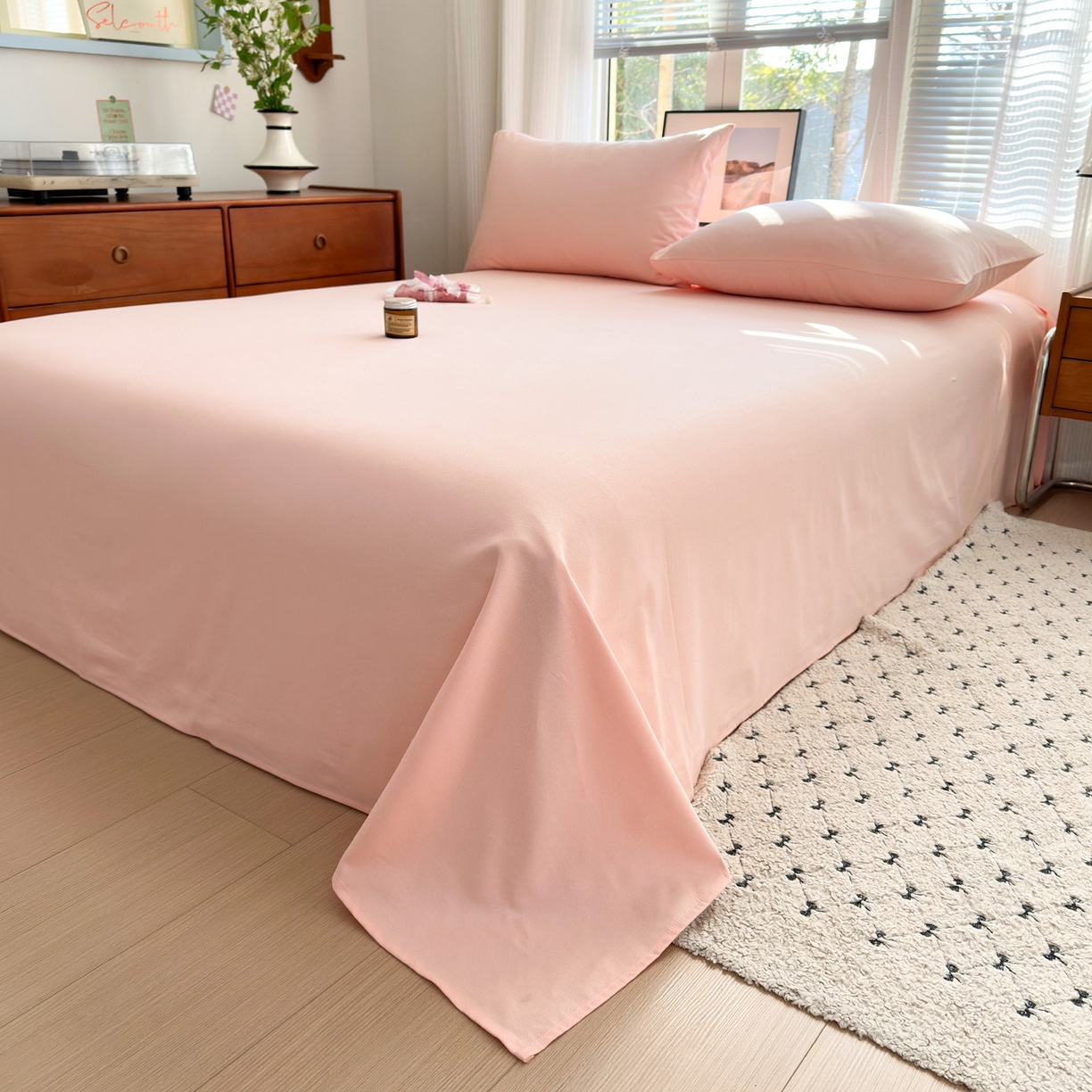 91家纺网 家纺一手货源 找家纺 女子家纺 2026新款全棉老粗布床单 樱桃粉